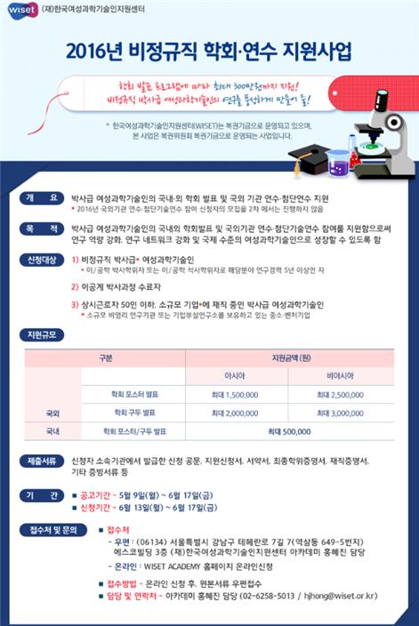 한국여성과학기술인지원센터(소장 한화진, 이하 WISET)가 6월 13일부터 17일까지 참여할 비정규직 이공계 여성 박사를 모집한다